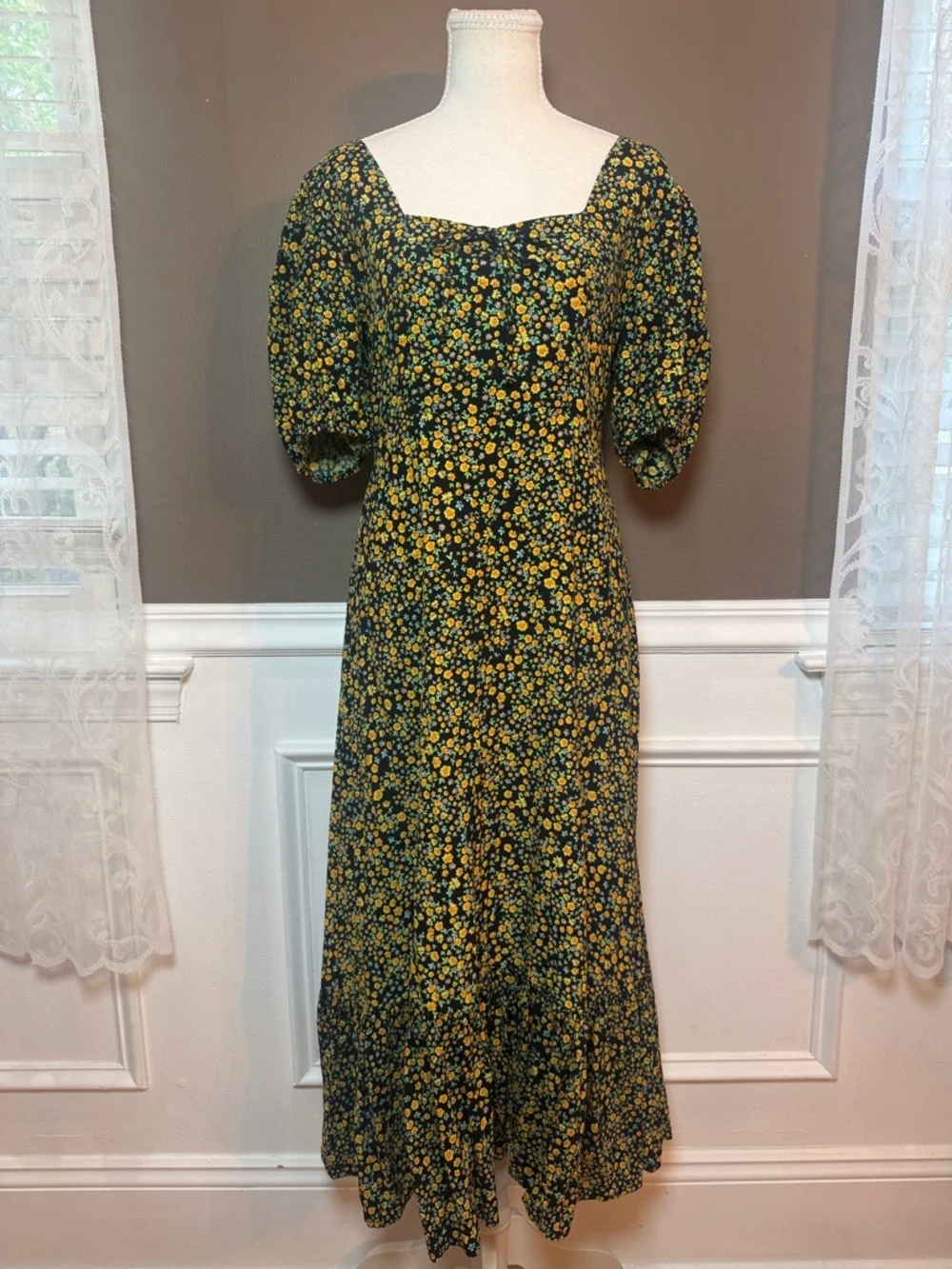 Faithfull The Brand Black Yellow Floral Puff Sleeve Midi Dress L Size 8